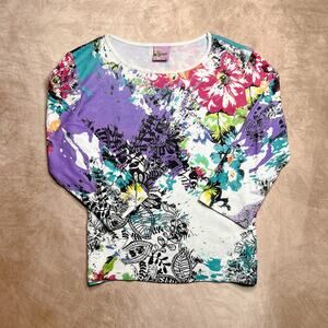 Vintage Y2K Floral Abstract Graphic Print Top Rainbow Rhinestone Euro Tropical